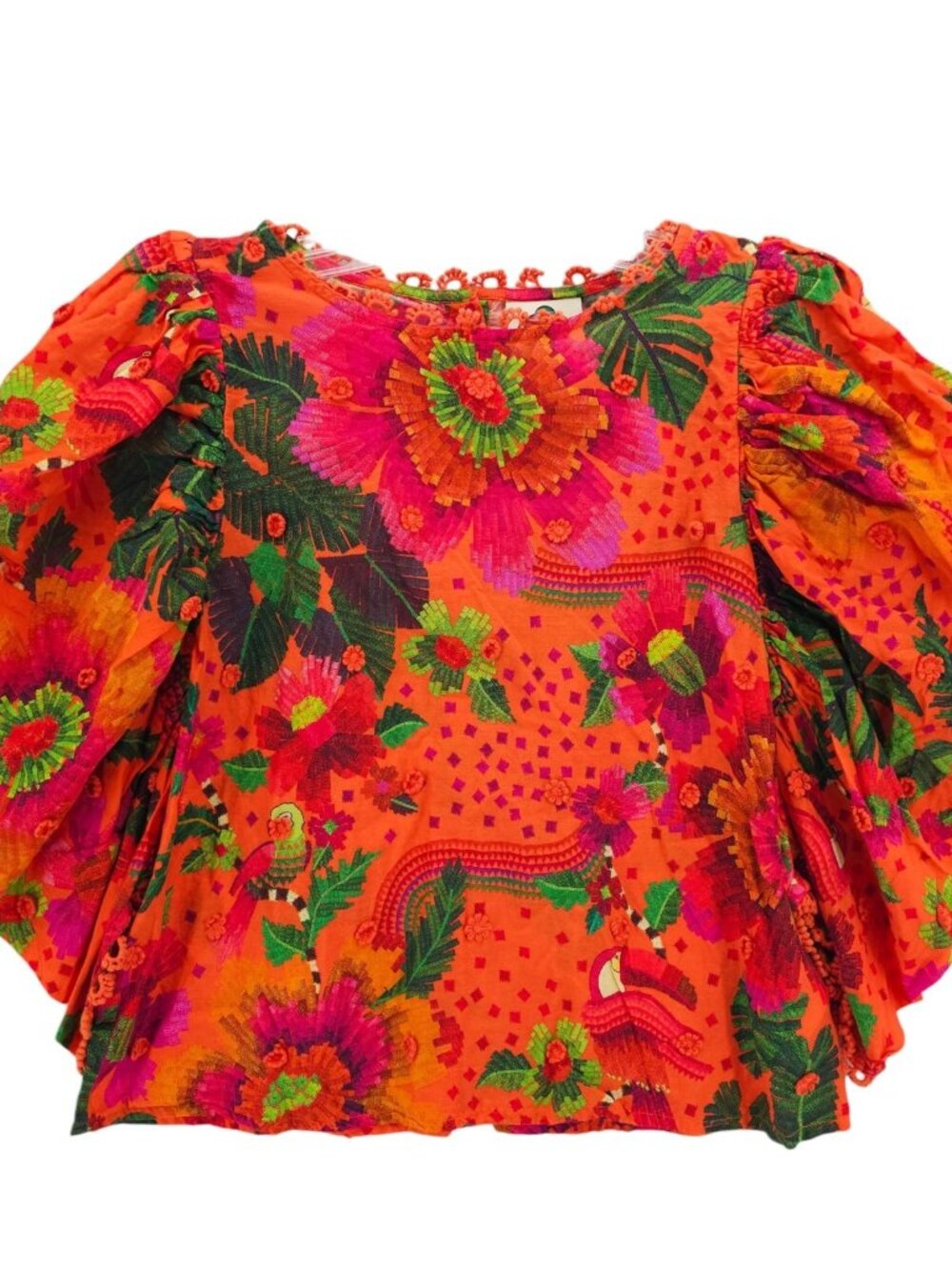 FARM RIO Blooming Garden Blouse 100% Cotton Colorful Half Puff Sleeve SMALL